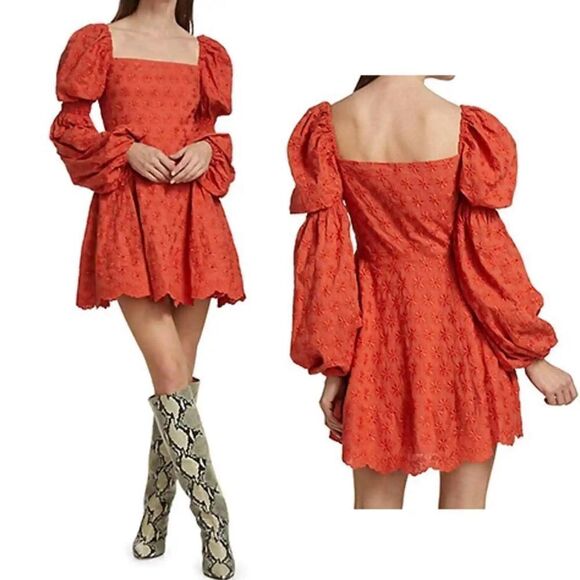 Caroline Constas Wren Puff-Sleeve Square Neck Daisy Mini Dress Sienna - Picture 1 of 8